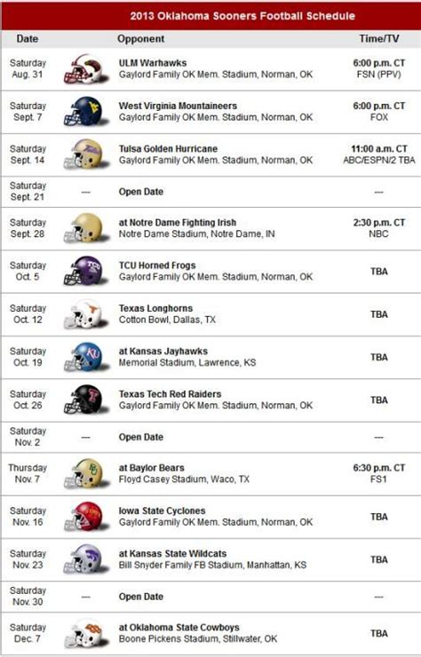 Oklahoma Sooners 2013 Football Schedule | Sports | Pinterest