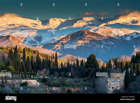 Winter view at sunset over Sierra Nevada, Granada, Andalusia, Spain ...