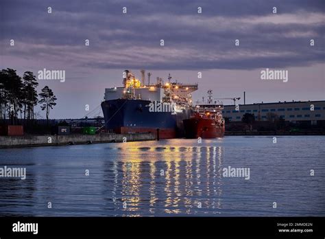 Lubmin, Germany - 01 28 2023: First LNG terminal with LNG tanker ...