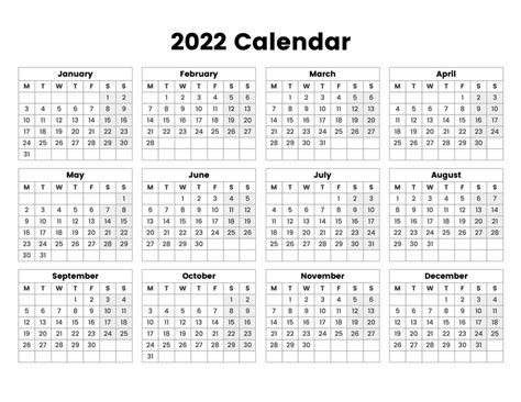 2022 Year Calendar With The Week Starting On Monday - A Printable Calendar