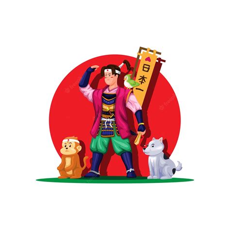 Premium Vector | Momotaro standing with animal japanese heroes folklore fairy tale concept ...