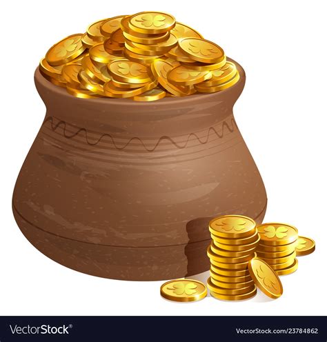 Full ceramic pot with gold coins old treasure Vector Image