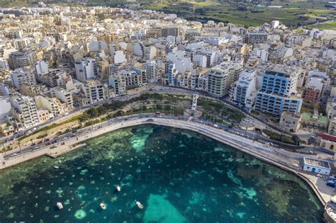 Malta, Northern Region, Saint Pauls Bay, Aerial view of coastal town stock photo