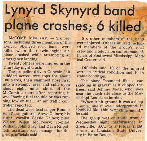 1977, Lynyrd Skynyrd members Ronnie Van Zant and Steve Gaines died in a ...