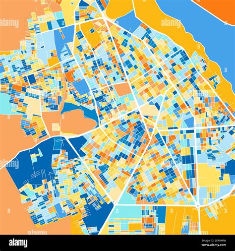 Color art map of Valledupar, Colombia, Colombia in blues and oranges. The color gradations in ...