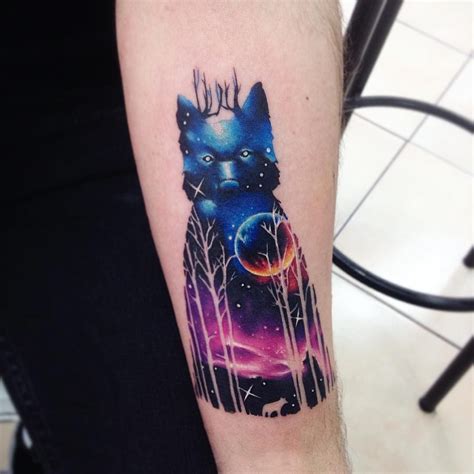 Wolf galaxy tattoo | Bow tattoo designs, Watercolor tattoo, Tattoos