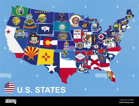 US map with flags of states, on blue background Stock Vector Image ...