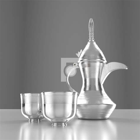 Middle Eastern Arabic Coffee Silver Dallah Pot with Cups A symbo - Fotonium