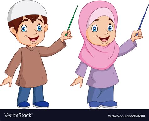 Cartoon muslim kid presenting Royalty Free Vector Image