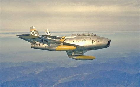 Classic F-86F Sabres flying over Korea in 1953