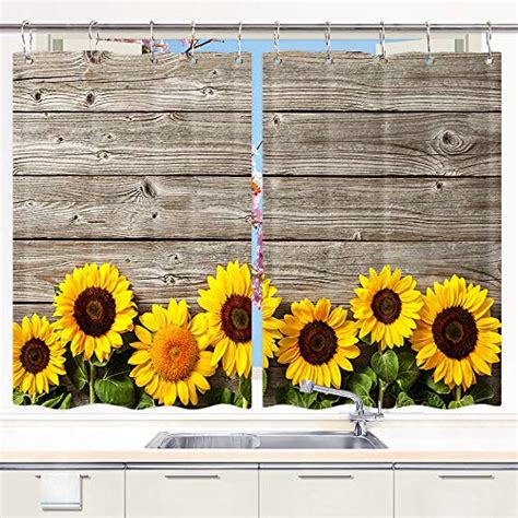 DYNH Sunflower Kitchen Curtain, Spring Flowers on Rustic Wood Plank Country Theme Window Curtain ...