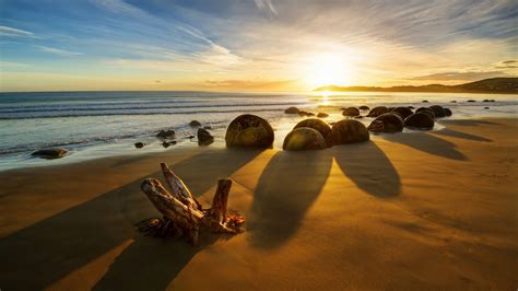 new zealand, ocean, sunrise, rocks, 4k HD Wallpaper