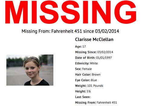 MISSING: CLARISSE McCLELLAN - Fahrenheit 451