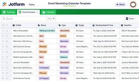 Email Marketing Calendar Template | Jotform Tables