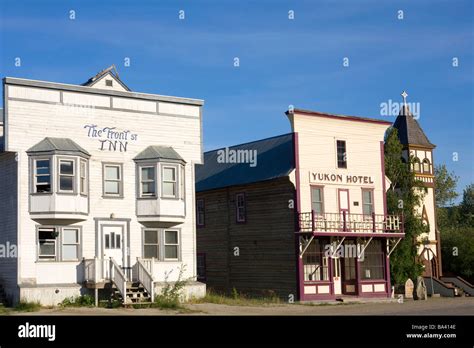 View of historic hotels on Front St. in Dawson City Canada Summer Stock ...