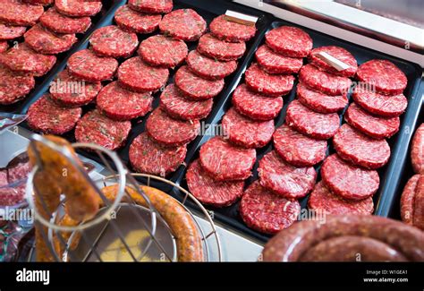 burger on counter in supermarket, close up shot Stock Photo - Alamy