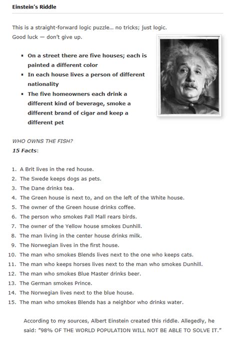 Einstein's Riddle Solution Who Owns The Fish - Askworksheet