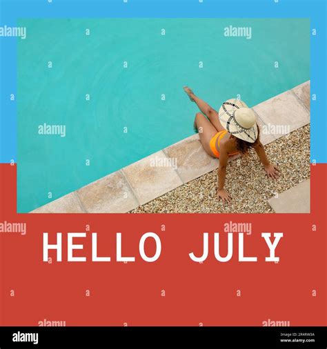 Composition of hello july text over biracial woman in bikini by swimming pool Stock Photo - Alamy