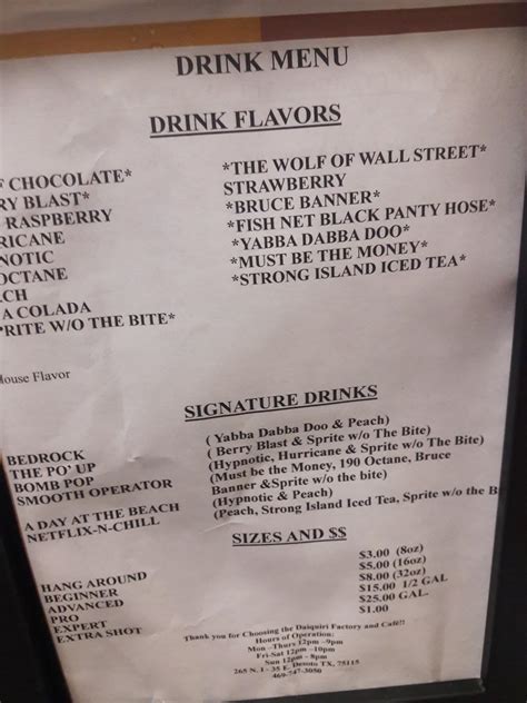 Menu at The Daiquiri Factory and Cafe, DeSoto