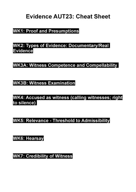 Evidence Cheat Sheet - Tutorials - Evidence AUT23: Cheat Sheet WK1: Proof and Presumptions WK2 ...