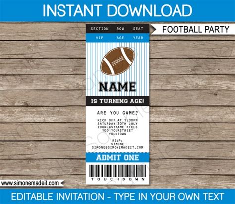 Football Ticket Invitation Template - Birthday Party - blue and black - INSTANT DOWNLOAD with ...