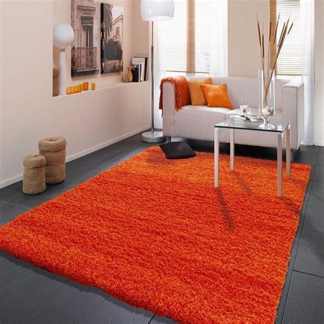 Orange Small X Large Modern Plain 5cm Shaggy Rugs Thick Soft Pile Area Rug Mats | Grey and ...