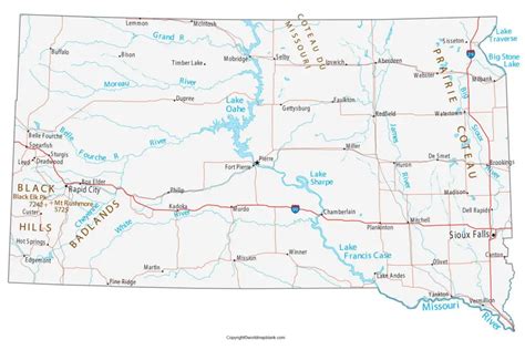 Labeled Map of South Dakota with Capital & Cities