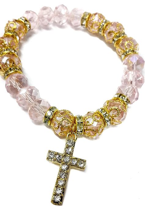 Light Pink Glass Beads Gold Rosary Bracelet Hand Ornament Zircon Cross ...