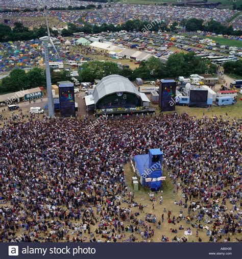 Stage and crowds at Glastonbury Music Festival Somerset UK aerial view Stock Photo - Alamy