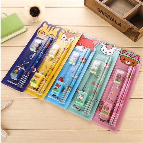 5sets/lot cartoon cute children stationery set novelty students school supplies kawaii character ...