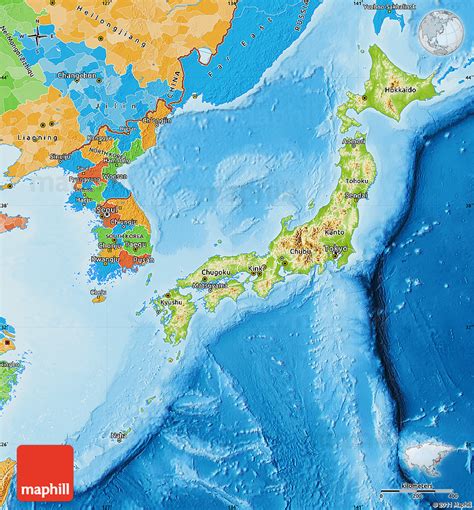 Physical Map of Japan, political outside, shaded relief sea