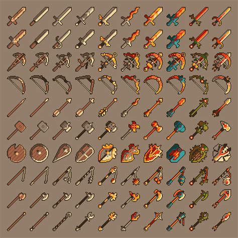 100 Pixel Art Fantasy Weapon Icons | Game Art Partners