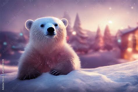 Christmas polar bear in the winter landscape. Polar bear santa. Magical ...