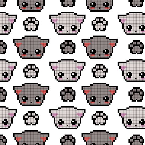 Cute 8 bit pixel cats on white background. Endless Seamless pattern. Funny childish vector ...