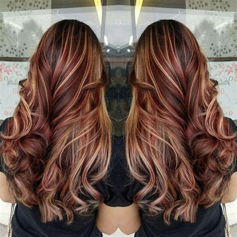 Red hair, balayage, brown hair, blonde highlights, contrast, long hair ...