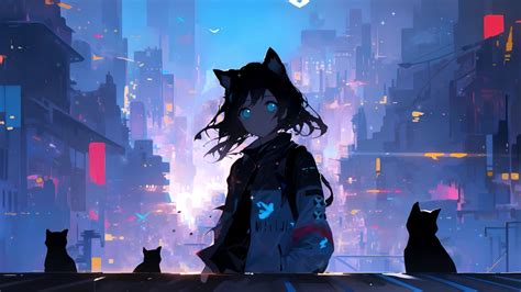 Neko Anime Girl In Cyberpunk City Live Wallpaper - MoeWalls