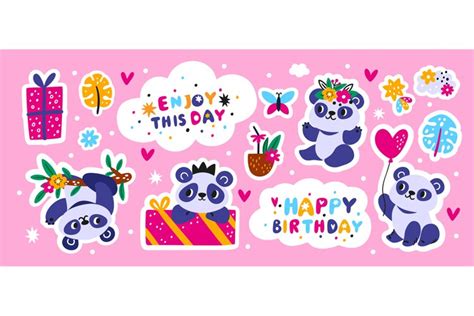 Cute panda stickers. Cartoon animals. Color labels. Happy Ch