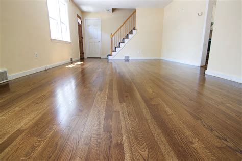 White oak hardwood flooring, stained with Bona "Medium Brown" Dri-fast stain. Top coated with ...