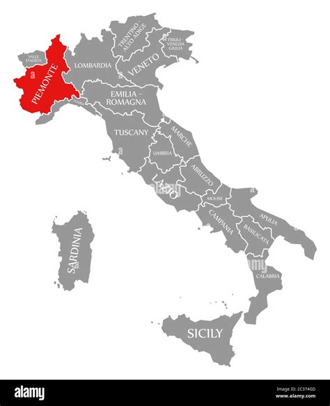 Piedmont red highlighted in map of Italy Stock Photo - Alamy