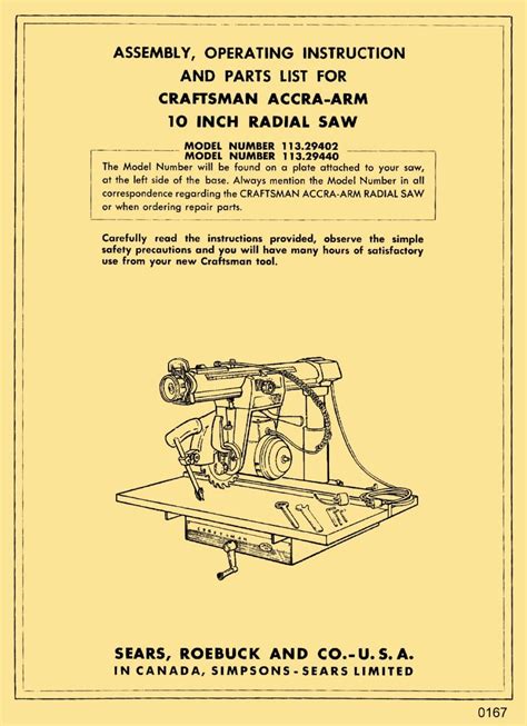 CRAFTSMAN 10" Radial Arm Saw 113.29402 & 113.29440 Operator Parts Manual - Ozark Tool Manuals ...