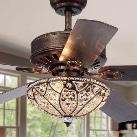 Gliska 52-Inch 5-Blade Rustic Bronze Lighted Ceiling Fans w Crystal Shade Optional Remote ...