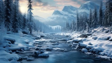 Premium AI Image | a river runs through a snowy forest with a snowy ...