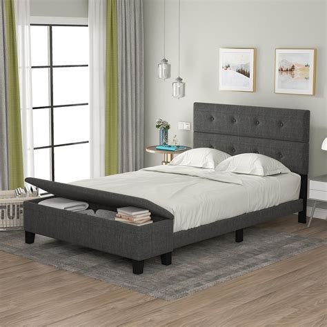 Full Size Upholstered Platform Bed Frame with Storage Case, Modern Fabric Wood Bed with ...