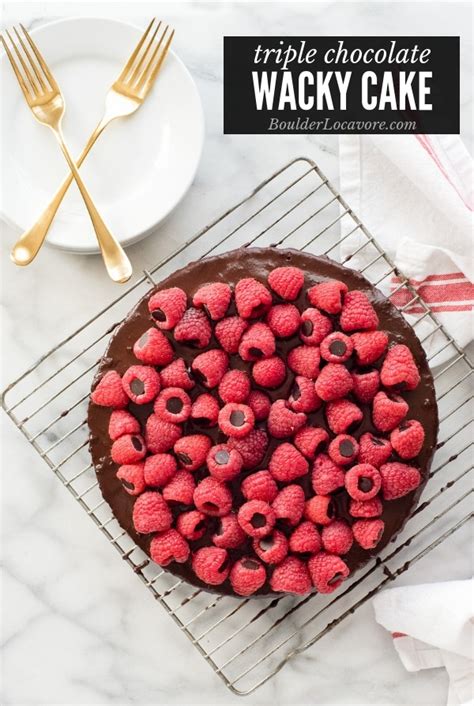 Triple Chocolate Wacky Cake with Chocolate-Stuffed Raspberries. A fudgy chocolate cake ...