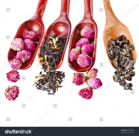 Different Types Of Herbal Flower Tea In Wooden Spoons Isolated On A ...