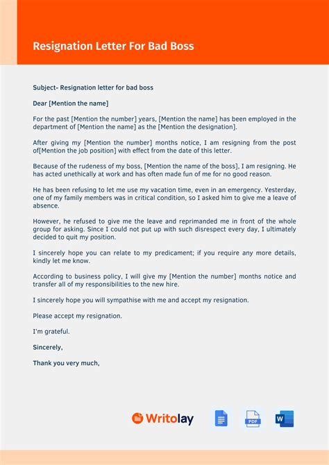 Resignation Letter for Bad Boss: 4 Templates - Writolay
