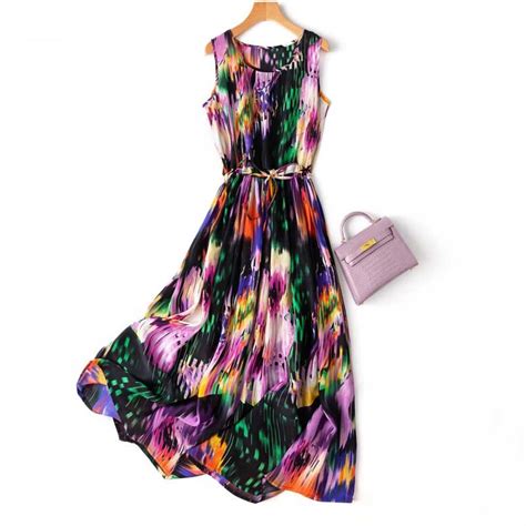 100% Mulberry Silk Sleeveless Colourful Belted Dress - rangergaps