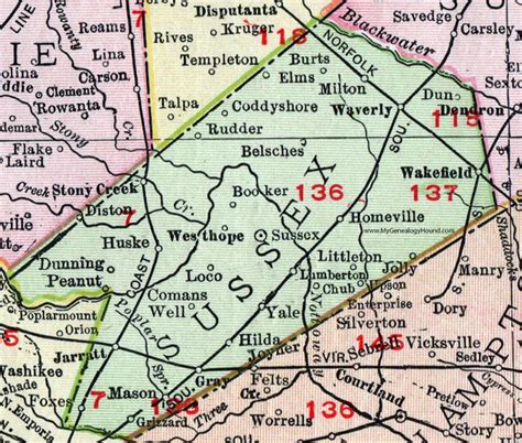 Sussex County, Virginia, Map, 1911, Rand McNally, Wakefield, Waverly ...