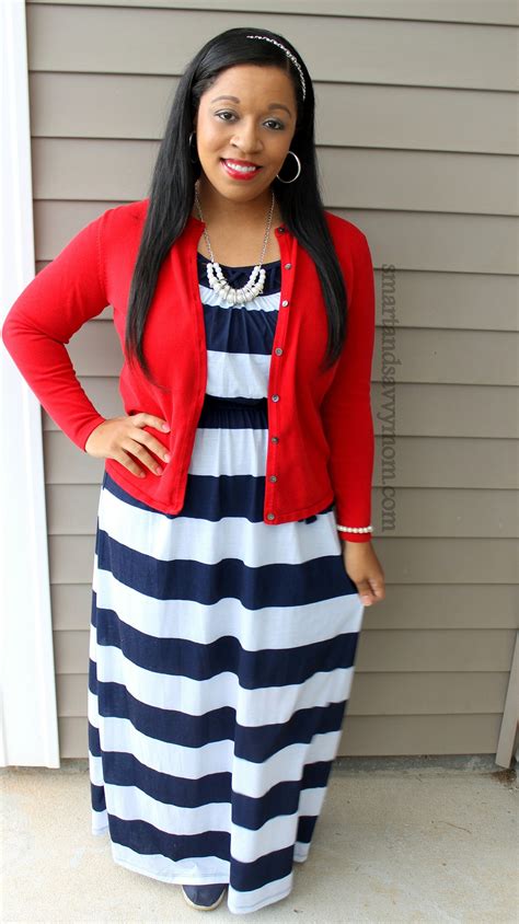 navy and whtie striped dress, red cardigan and pearl jewelry. Modest ...