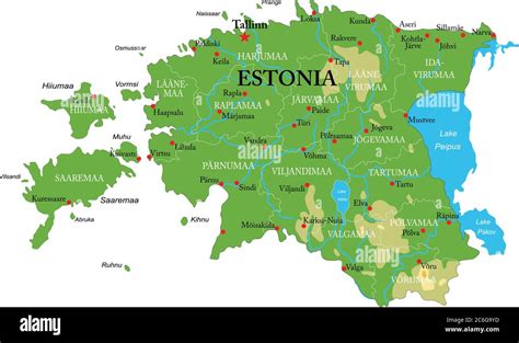 Estonia highly detailed physical map,in vector format,with all the relief forms,regions and big ...